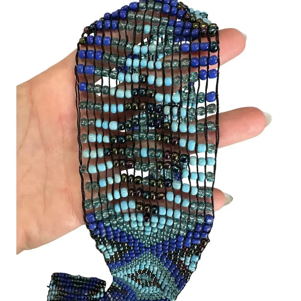 Vintage Boho Hippie Beaded Stretch Belt Wide Blue Tribal Geometric Southwestern
